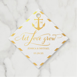 Let Love Grow Stripes Gold Anchor Nautical Wedding Favour Tags