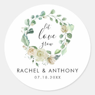 Let love grow white rose wreath watercolor chic classic round sticker