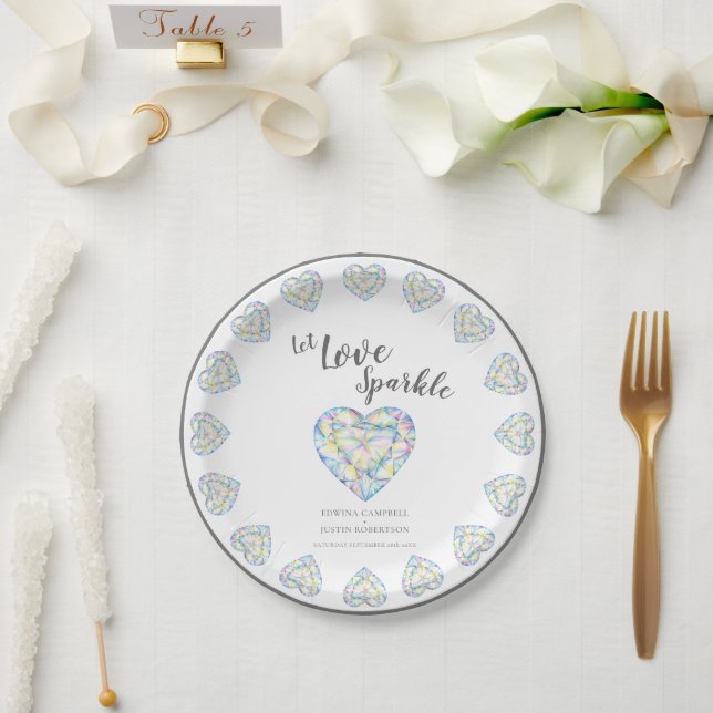 Let love sparkle diamond heart watercolor wedding paper plate (Wedding)