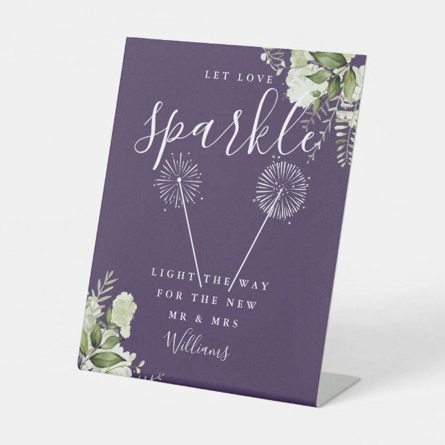 Let Love Sparkle Floral Purple Wedding Pedestal Sign (Front)