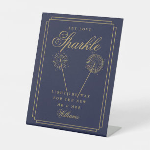 Let Love Sparkle Navy Blue And Gold Art Deco Pedestal Sign