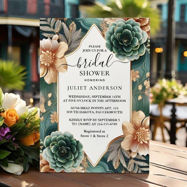 Let Monstera Emerald Green And Gold Bridal Shower Invitation (Creator Uploaded)