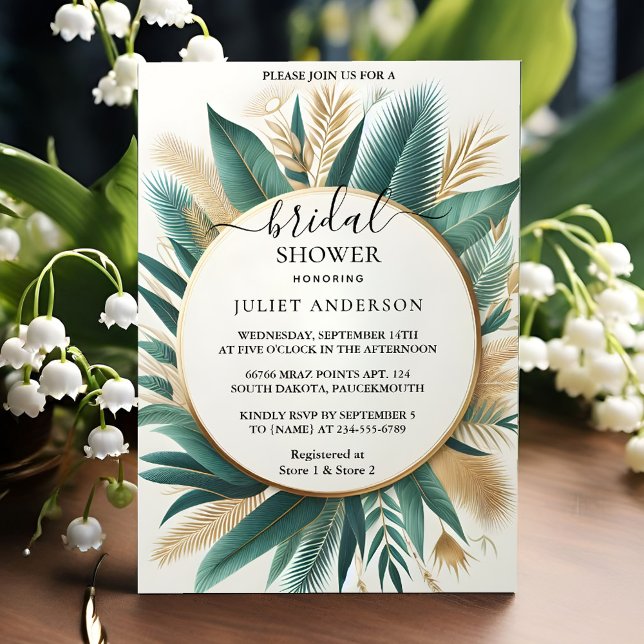 Let Palm Tree Beach Green And Gold Bridal Shower Invitation (Creator Uploaded)