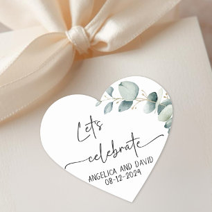 Let’s Celebrate name date eucalyptus modern Heart Sticker