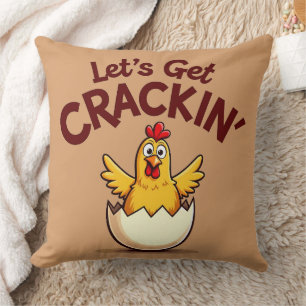 Let’s Get Crackin’ Funny Chicken Farm Pun Throw Pillow
