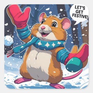 Let’s Get Festive Funny Hamster Throwing Snowball Square Sticker