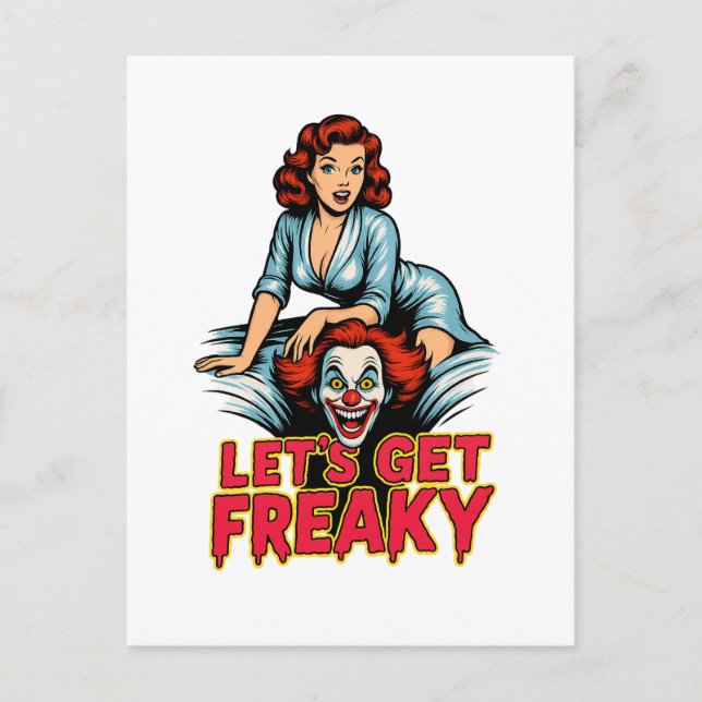 Let’s Get Freaky – Retro Pin-Up & Creepy Clown Postcard (Front)