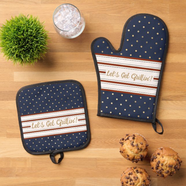 Let’s Get Grilling Dots & Stripes Oven Mitt & Pot Holder Set (Top Down)