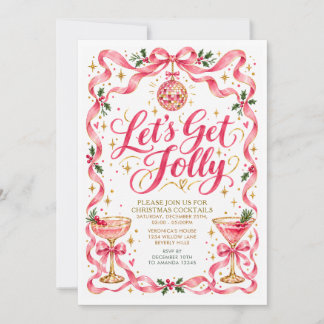 Let’s Get Jolly Pink Bow Christmas Cocktail Party Invitation