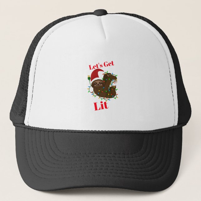 Let’s Get Lit Christmas Sloth Trucker Hat (Front)