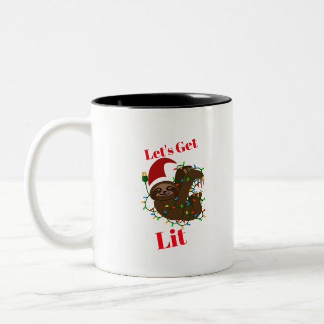 Let’s Get Lit Christmas Sloth Two-Tone Coffee Mug (Left)