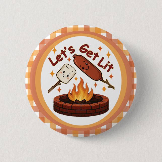 Let’s Get Lit Firepit – Cute Marshmallow & Hot Dog 2 Inch Round Button (Front)