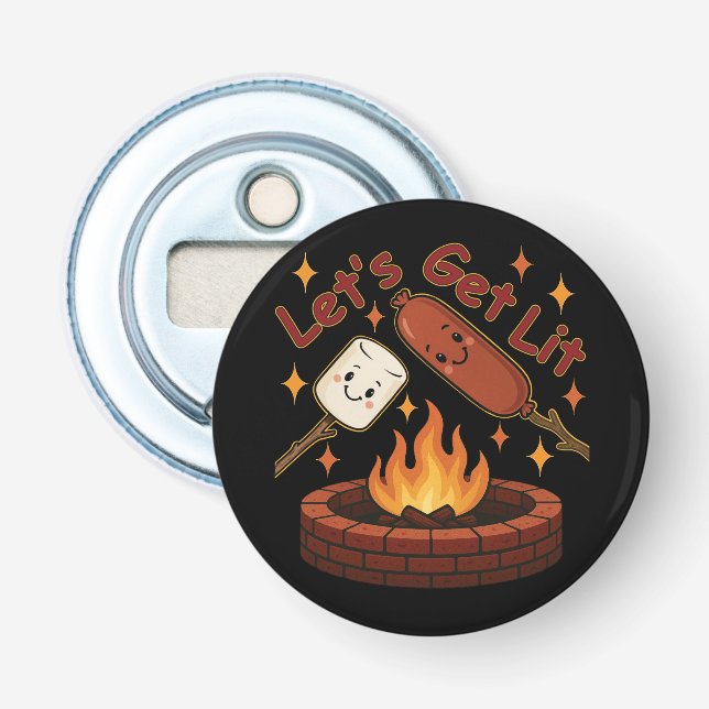 Let’s Get Lit Firepit – Cute Marshmallow & Hot Dog Bottle Opener (Front)