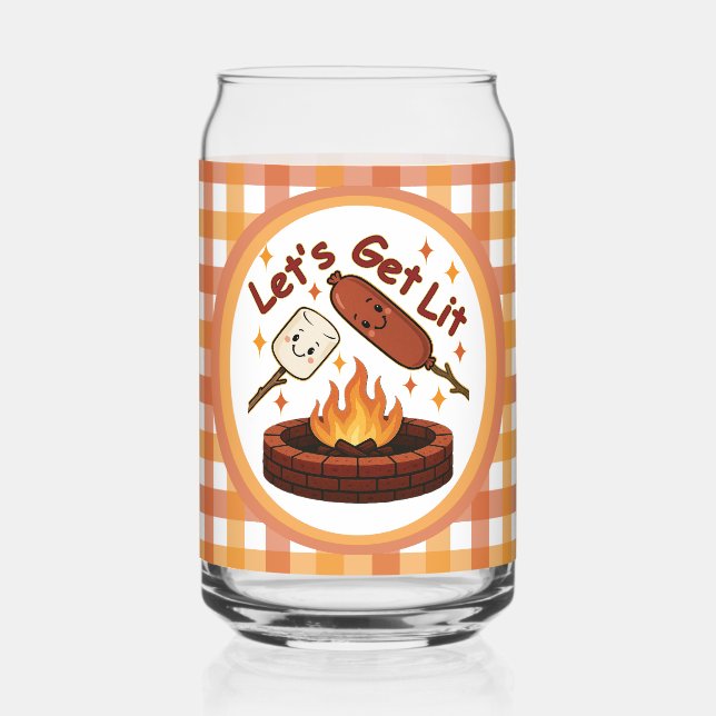 Let’s Get Lit Firepit – Cute Marshmallow & Hot Dog Can Glass (Front)