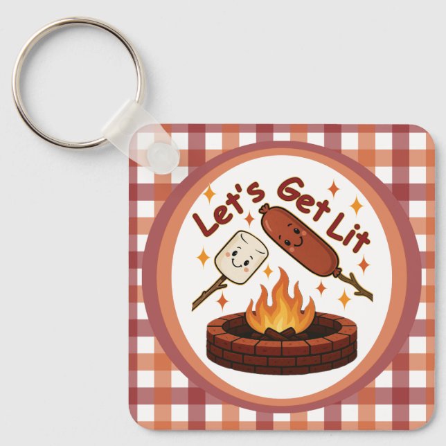 Let’s Get Lit Firepit – Cute Marshmallow & Hot Dog Keychain (Front)