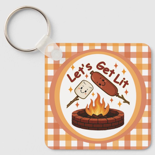 Let’s Get Lit Firepit – Cute Marshmallow & Hot Dog Keychain (Front)