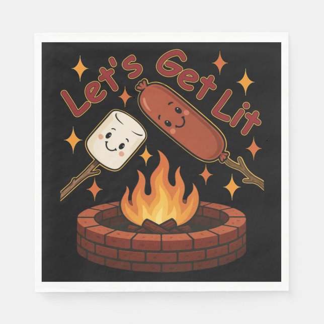 Let’s Get Lit Firepit – Cute Marshmallow & Hot Dog Napkin (Front)