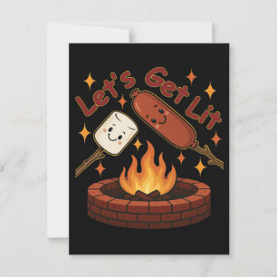 Let’s Get Lit Firepit – Cute Marshmallow & Hot Dog Postcard