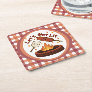 Let’s Get Lit Firepit – Cute Marshmallow & Hot Dog Square Paper Coaster