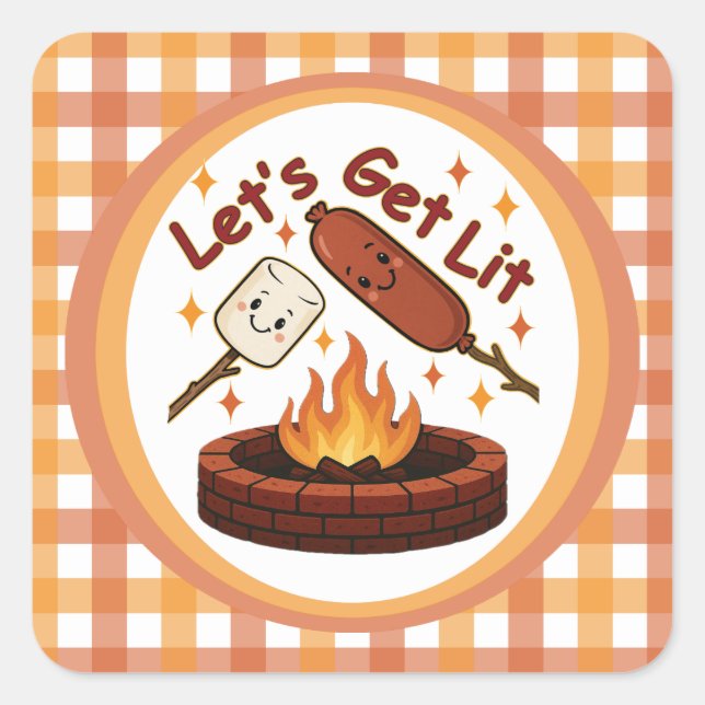 Let’s Get Lit Firepit – Cute Marshmallow & Hot Dog Square Sticker (Front)