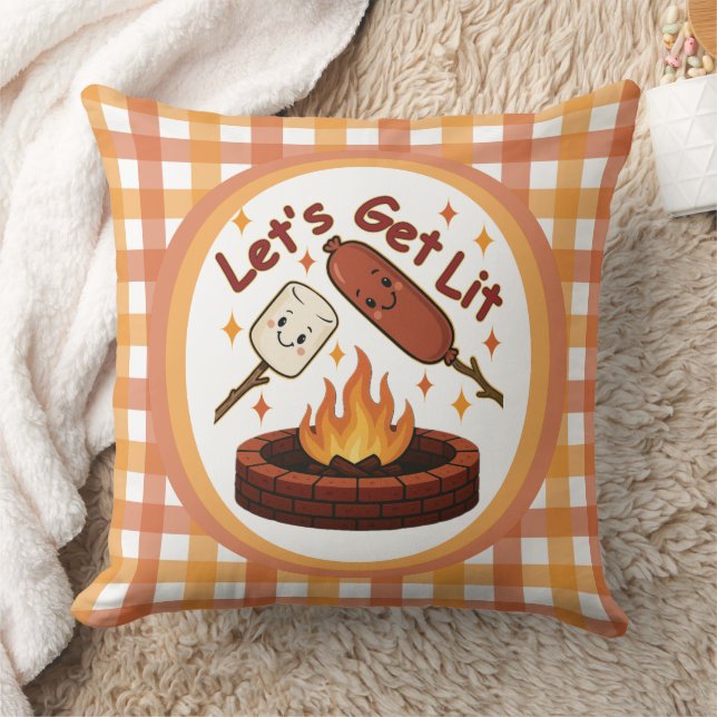 Let’s Get Lit Firepit – Cute Marshmallow & Hot Dog Throw Pillow (Blanket)