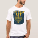 Let’s Get Lit Hanukkah T-Shirt<br><div class="desc">Shine bright this holiday with the “Let’s Get Lit” Hanukkah T-shirt, featuring a bold menorah with all candles lit under festive stars. With its vintage-style font and shimmering gold design on a deep blue background, this shirt is both fun and respectful—perfect for celebrating the Festival of Lights with family and...</div>