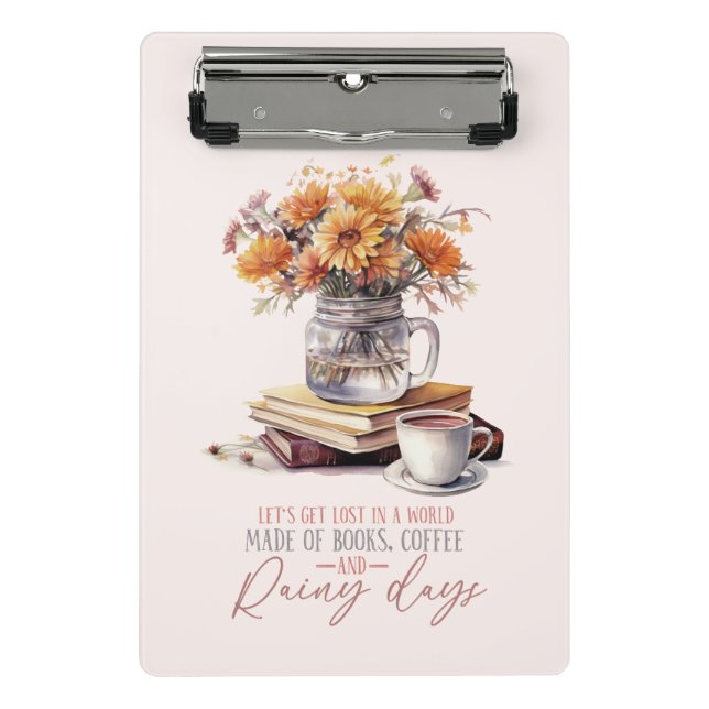 Let’s Get Lost – Books, Coffee & Rain Rustic Mini Clipboard (Front)
