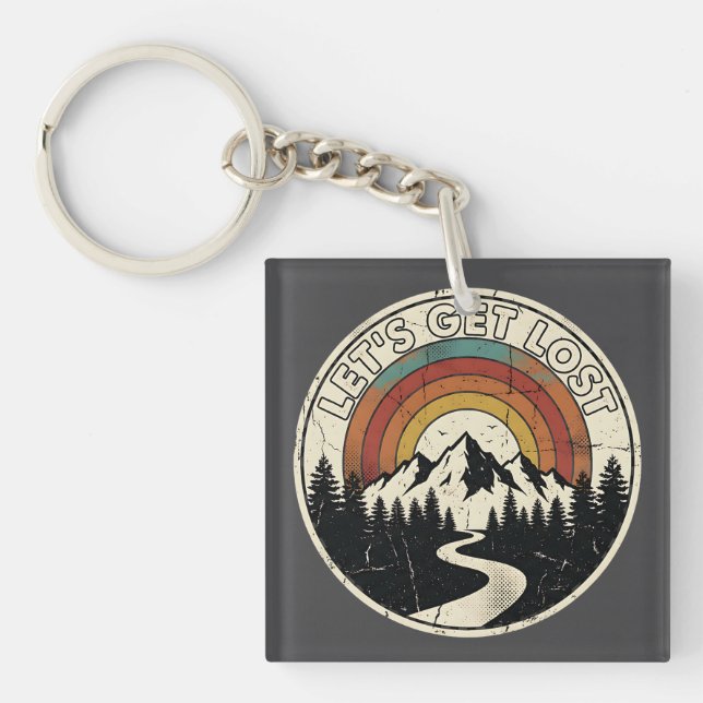 Let’s Get Lost Retro Mountain Adventure Outdoor Keychain (Front)
