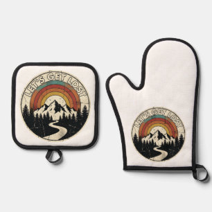 Let’s Get Lost Retro Mountain Adventure Outdoor Oven Mitt & Pot Holder Set