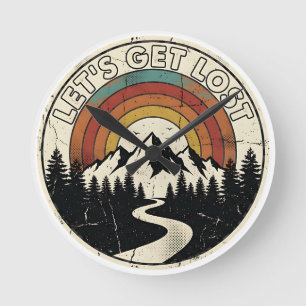 Let’s Get Lost Retro Mountain Adventure Outdoor Round Clock