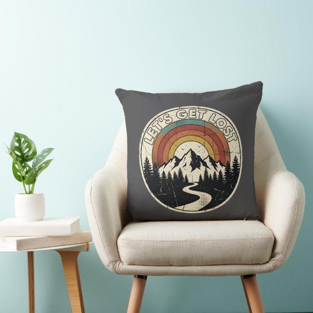 Let’s Get Lost Retro Mountain Adventure Outdoor Throw Pillow (Chair)