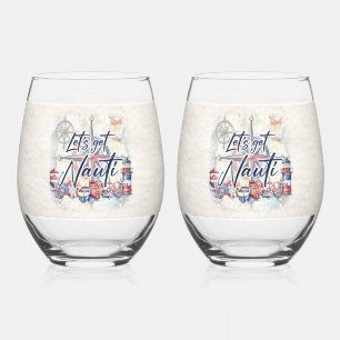 Let’s Get Nauti Nautical Beach Coastal Boat Theme Stemless Wine Glass