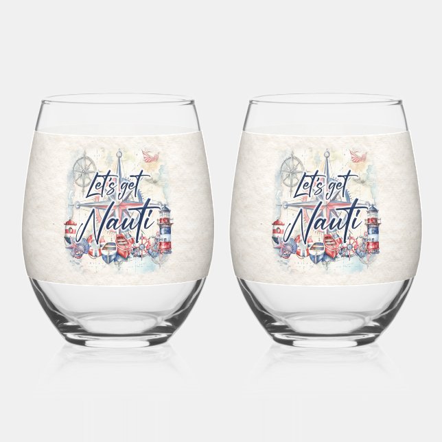 Let’s Get Nauti Nautical Beach Coastal Boat Theme Stemless Wine Glass (Front)