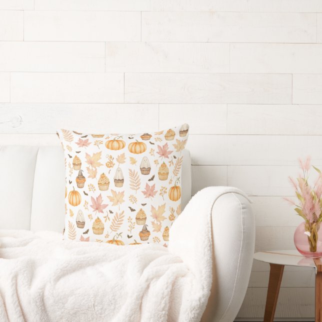 Let’s Get Spooky with Pumpkins, Leaves & Cupcake Throw Pillow (Couch)