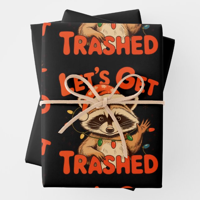 Let’s Get Trashed Christmas Raccoon Feral Xmas Wrapping Paper Sheet (In situ)