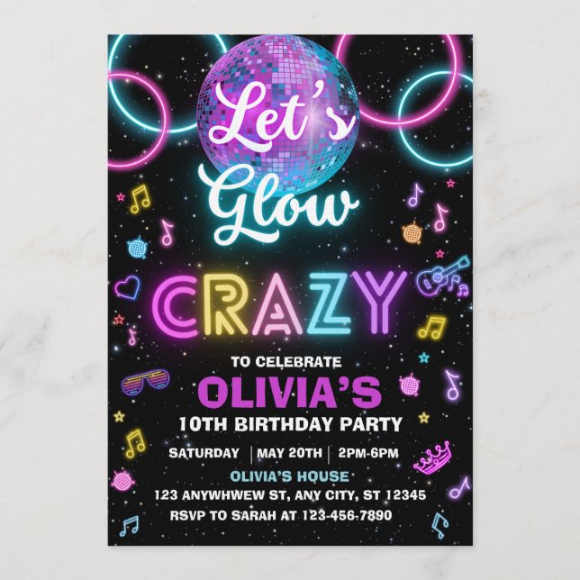 Let’s Glow Crazy disco party invite - disco ball  (Front)