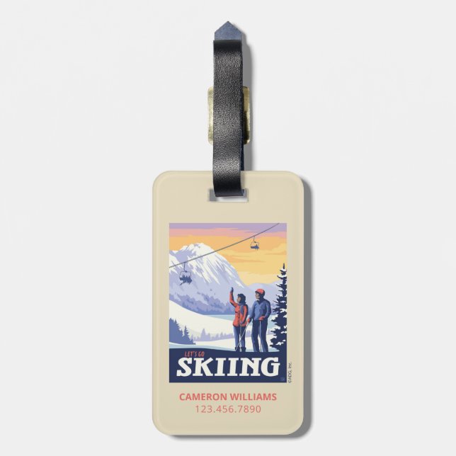 Let’s Go Skiing Vintage Print Luggage Tag (Back Vertical)