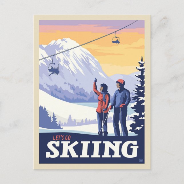 Let’s Go Skiing Vintage Print Postcard (Front)