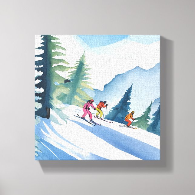 Let’s Go Skiing | Winter Watercolor Canvas Print (Front)
