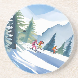 Let’s Go Skiing   Winter Watercolor Painting Coaster
