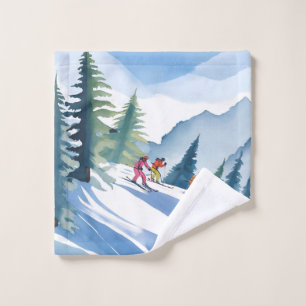 Let’s Go Skiing   Winter Watercolor Painting Wash Cloth