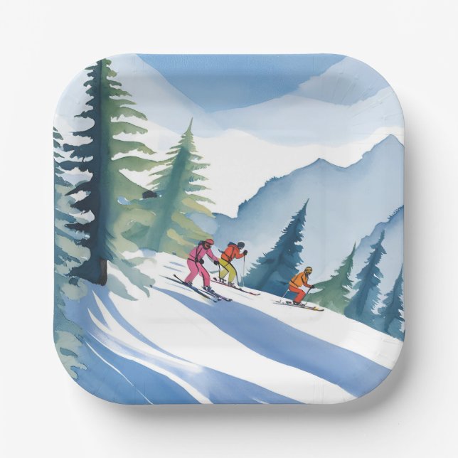 Let’s Go Skiing | Winter Watercolor Paper Plate (Front)
