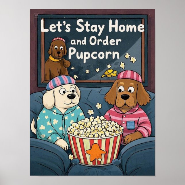 Let’s Stay Home and Order Pupcorn Cartoon dogs  Poster (Front)