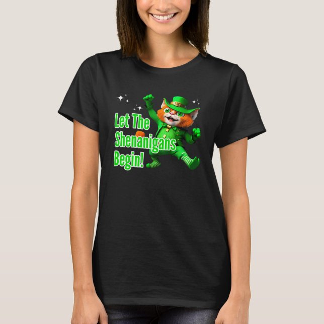 Let Shenanigans Begin Dancing Leprechaun Cat St Pa T-Shirt (Front)