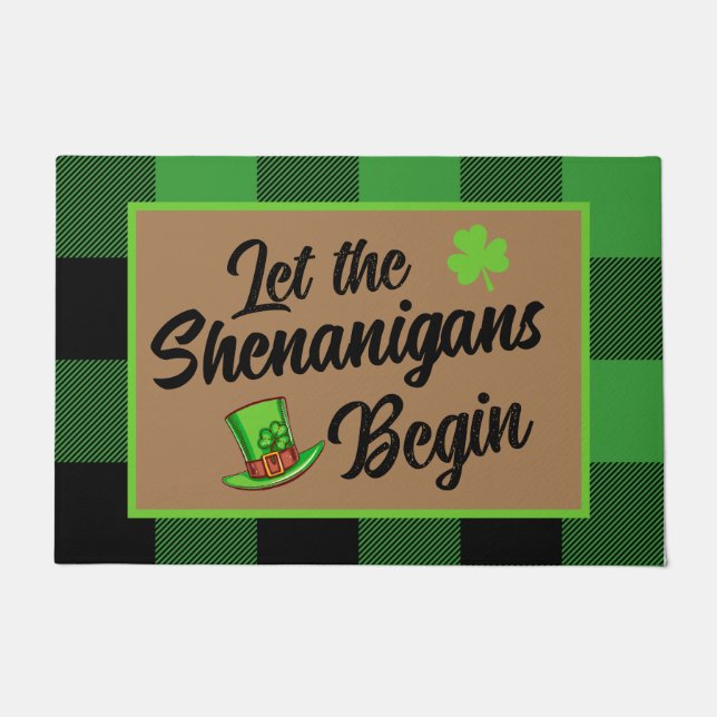 Let Shenanigans Begin, St. Patrick's Buffalo Plaid Doormat (Front)