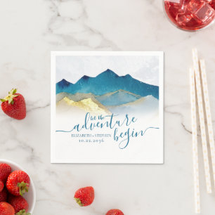 Let The Adventure Begin Blue Gold Mountain Wedding Napkin