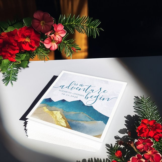 Let The Adventure Begin Blue Gold Mountain Wedding Napkin (Creator Uploaded)