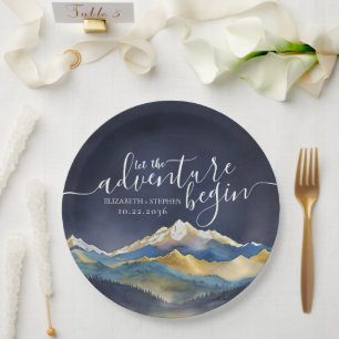 Let The Adventure Begin Blue Gold Mountain Wedding Paper Plate