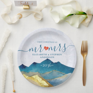 Let The Adventure Begin Blue Gold Mountain Wedding Paper Plate