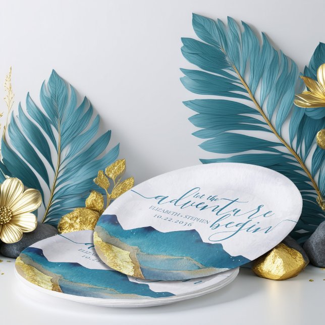 Let The Adventure Begin Blue Gold Mountain Wedding Paper Plate (Creator Uploaded)